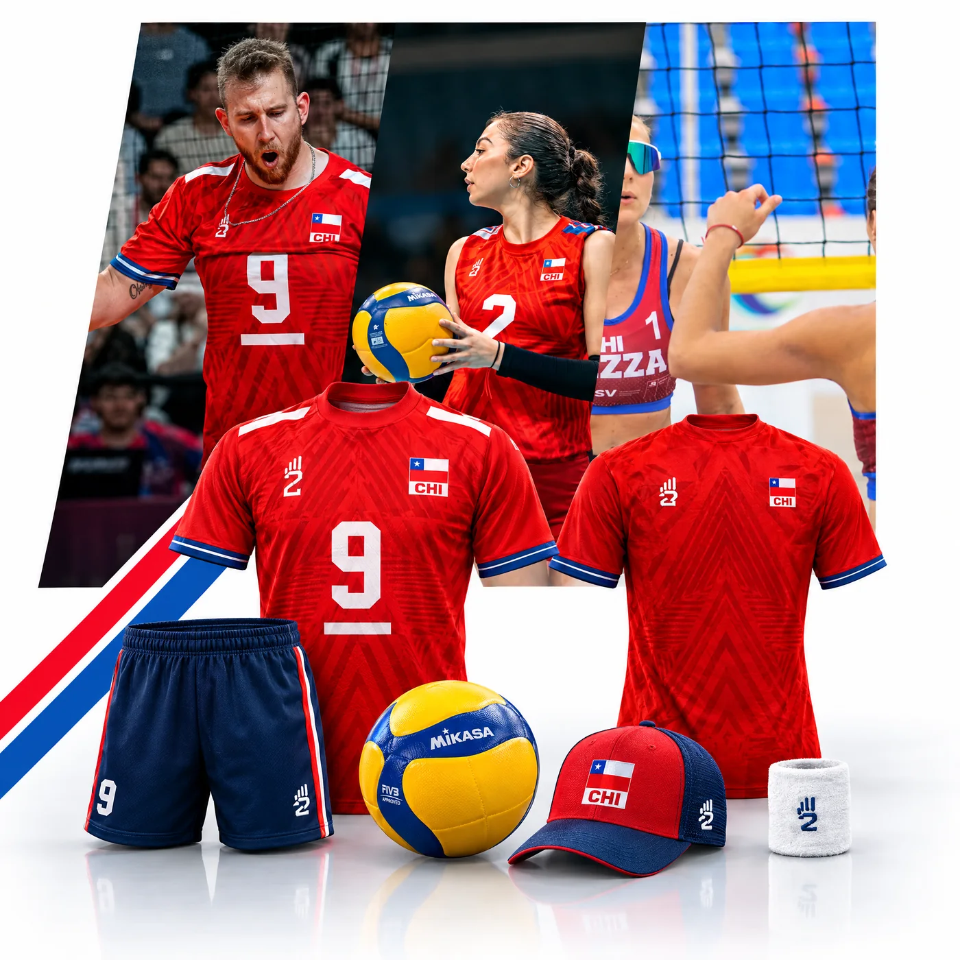 Jugadores de las selecciones chilenas de vóleibol con uniforme rojo, junto a camisetas, short, balón, jockey y muñequera