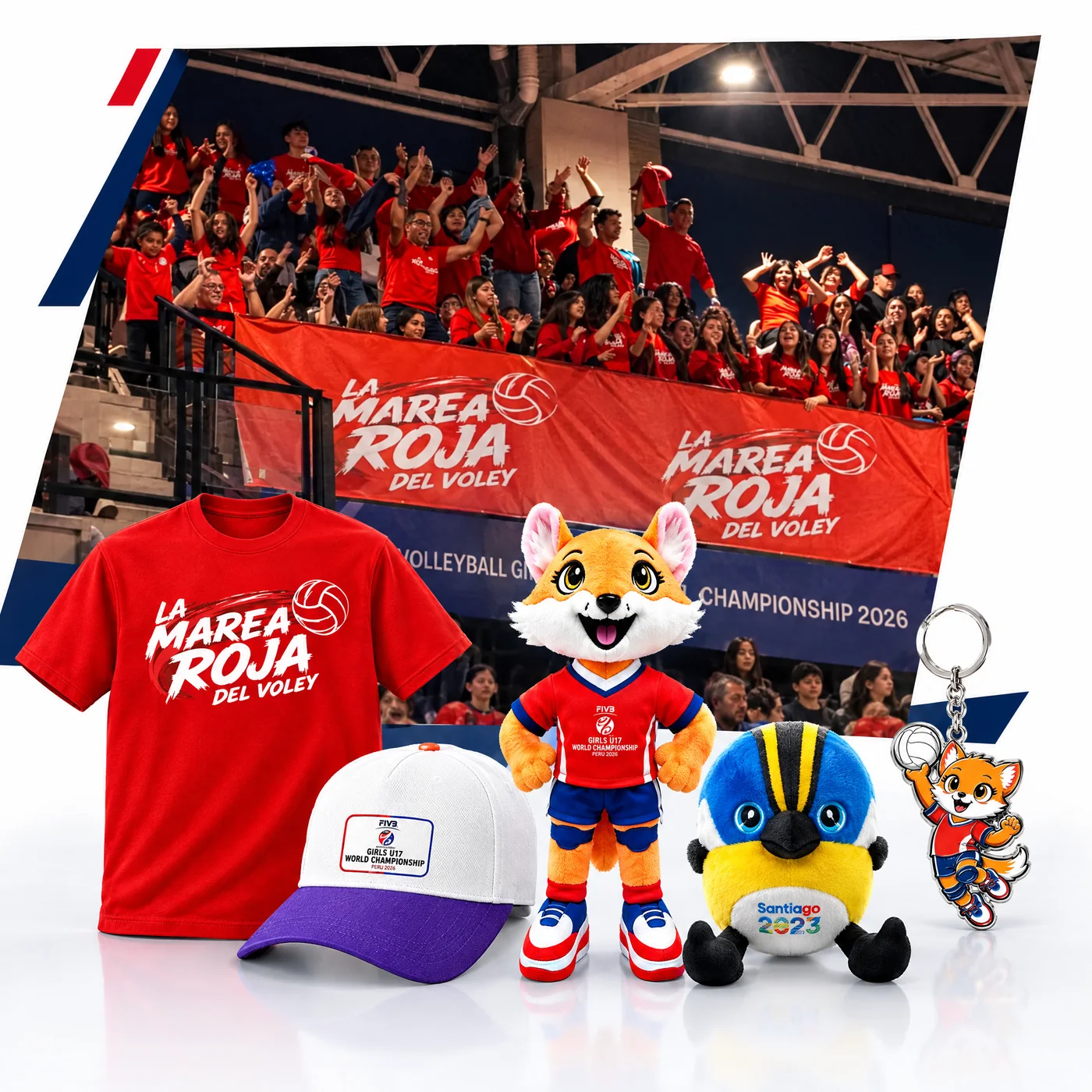 Hinchada La Marea Roja del Vóley en la tribuna junto a polera, jockey, peluches y llavero oficiales