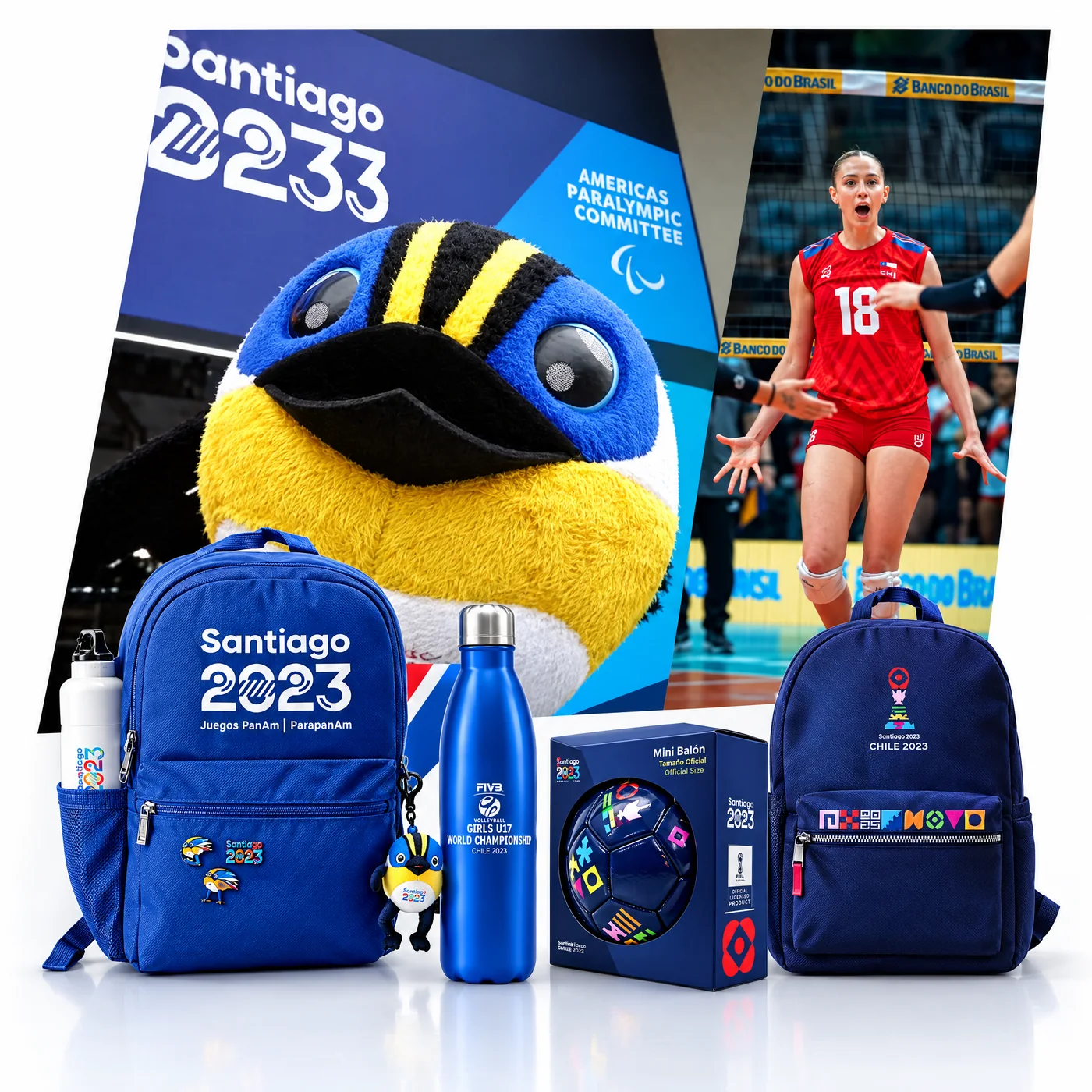 Fiu de Santiago 2023 y jugadora 18 de Chile junto a mochilas, botella y mini balón oficiales