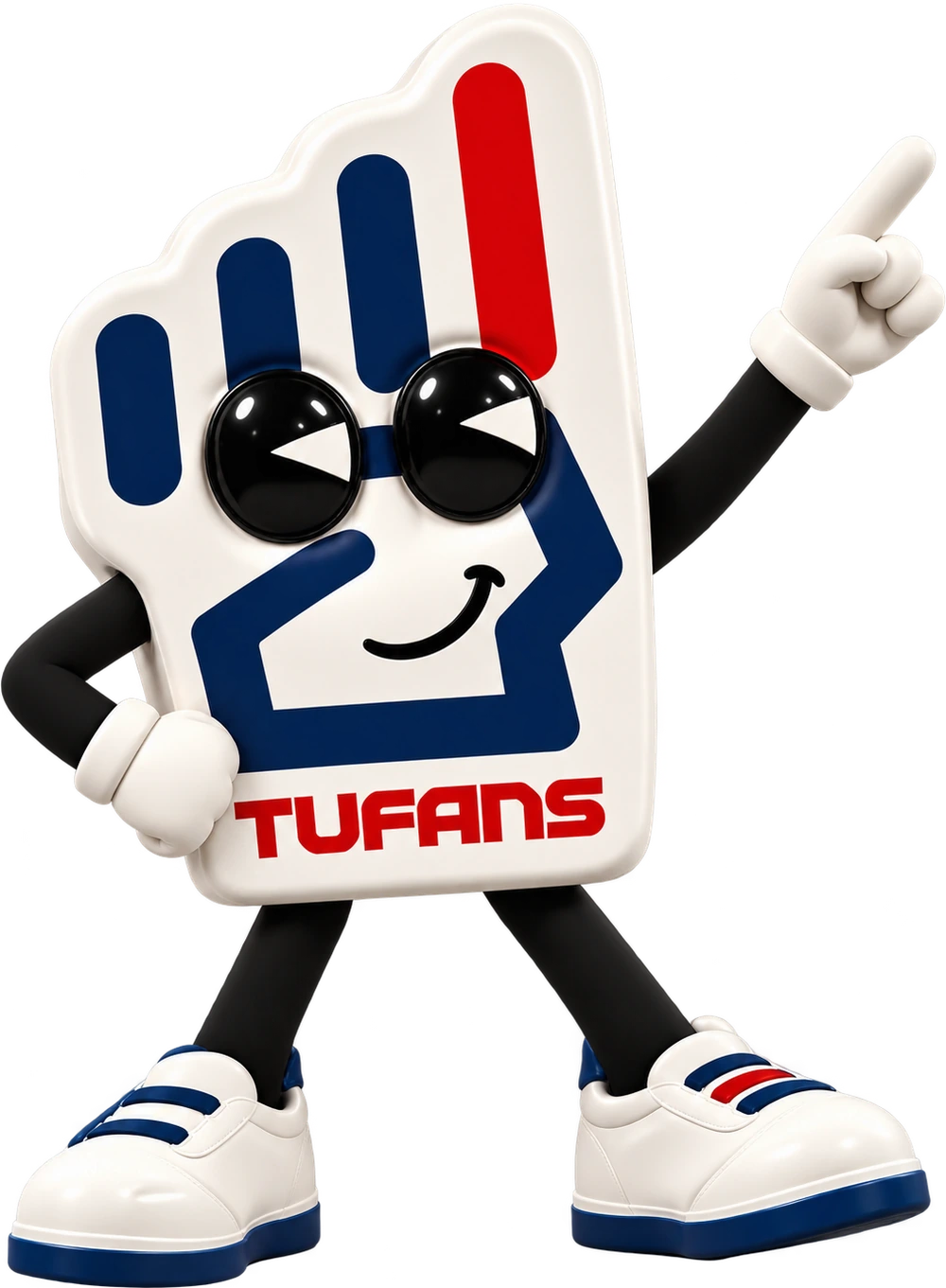 Mascota TUFANS, una mano de hincha con lentes oscuros, apuntando hacia arriba